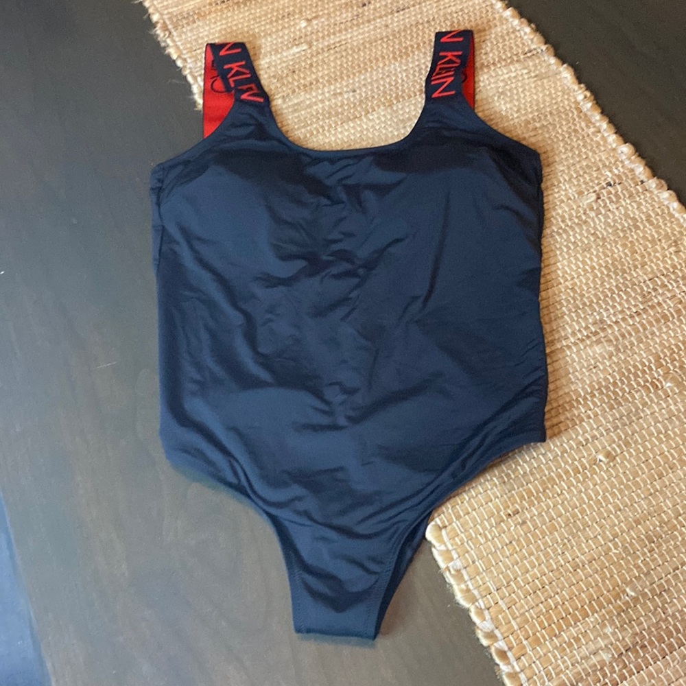 Calvin Klein Black One-Piece Swimsuit with Red Logo Straps